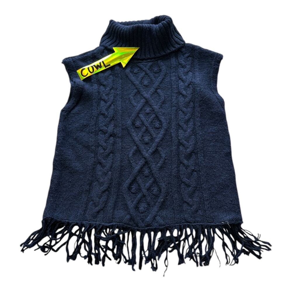 Womens Sweater Vest Size XL Navy Blue Fringe Cowl Neck Cozy Winter Layering - Picture 2 of 8